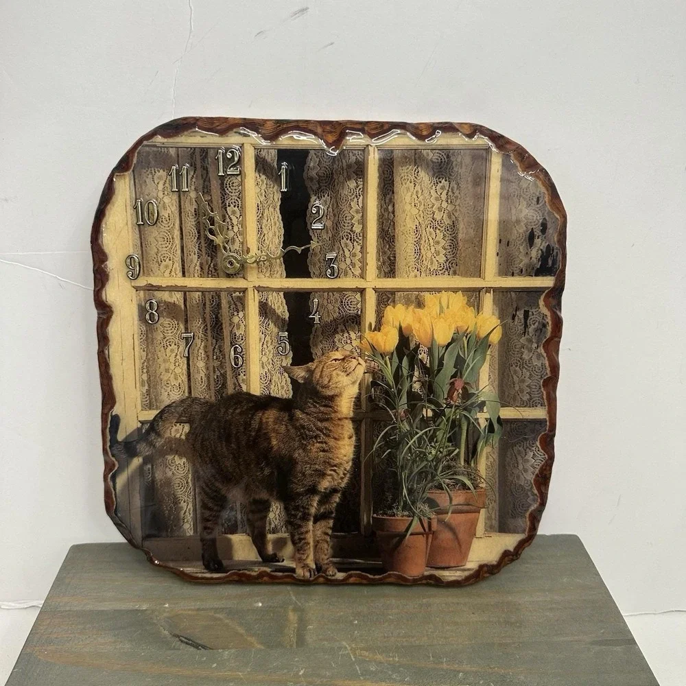 Vintage Style Lacquered Wooden Wall Clock With Decorative Cat Yellow Flowers